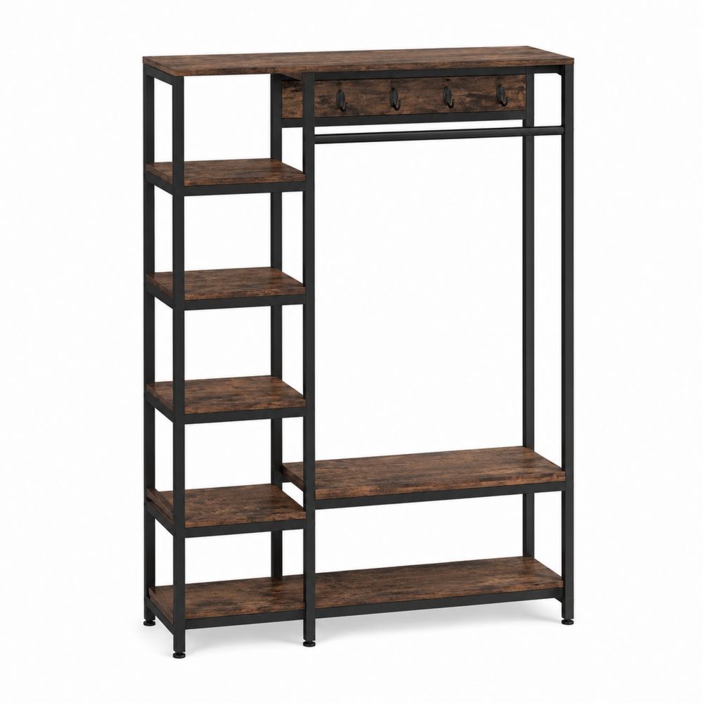 Appendiabiti con Ripiani in Metallo e Legno MDF Scuro e Nero