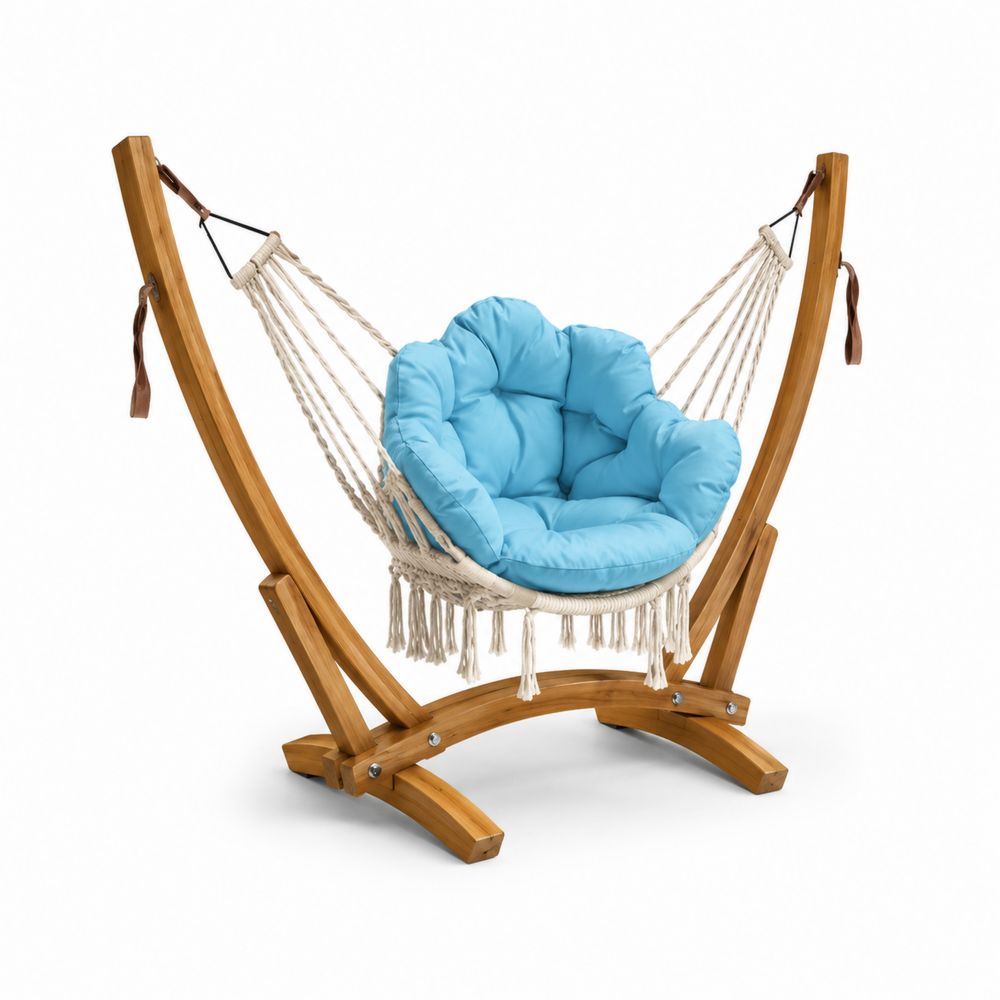 Sedia Amaca con Telaio in Legno e Cuscino Azzurro