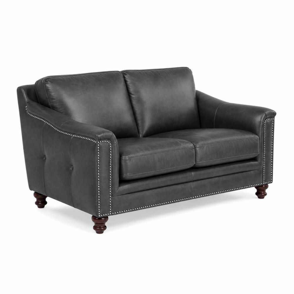 Divano Loveseat in Pelle Sintetica Grigia con Dettagli Borchiati