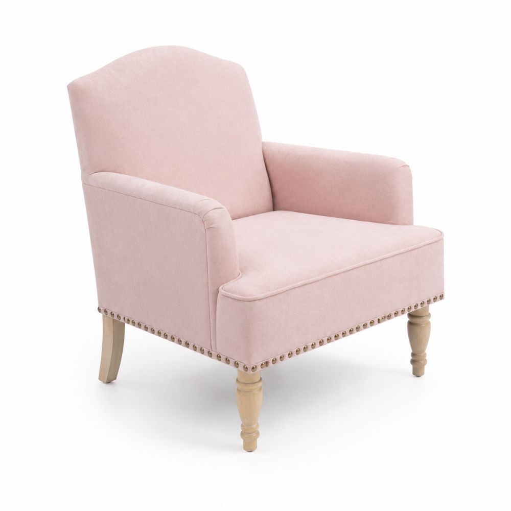 Poltrona in tessuto rosa con gambe in legno