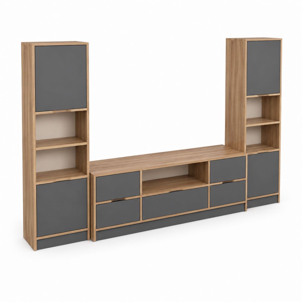 Mobile TV componibile in legno e MDF Grigio e Quercia 240x40x180cm