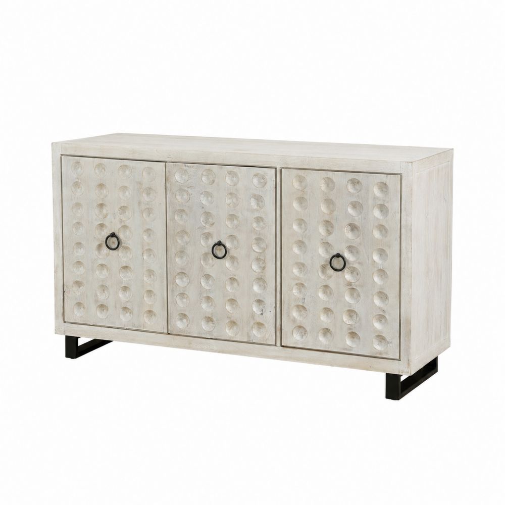 Credenza in Legno di Mango e Metallo con Dettagli Incisi Bianco