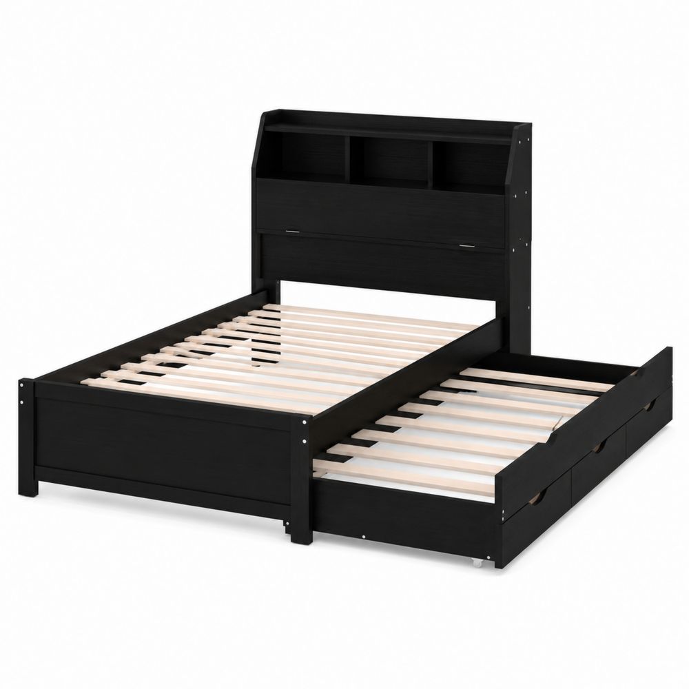 Letto contenitore matrimoniale in legno MDF nero con testiera libreria 200x160 cm