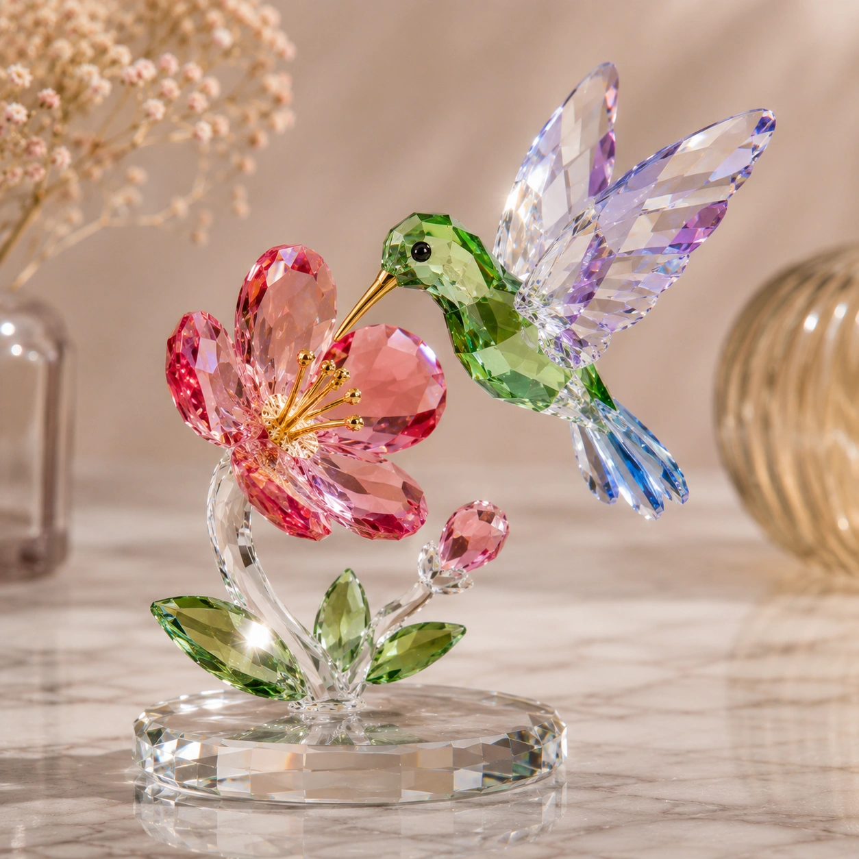 Figura Decorativa Colibri y Flor de Cristal