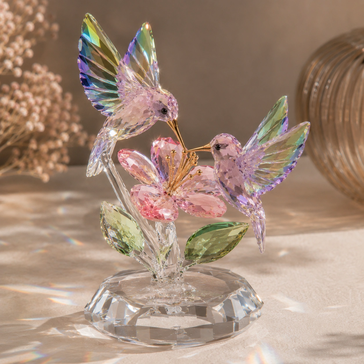 Figura Decorativa Colibries y Flor de Cristal