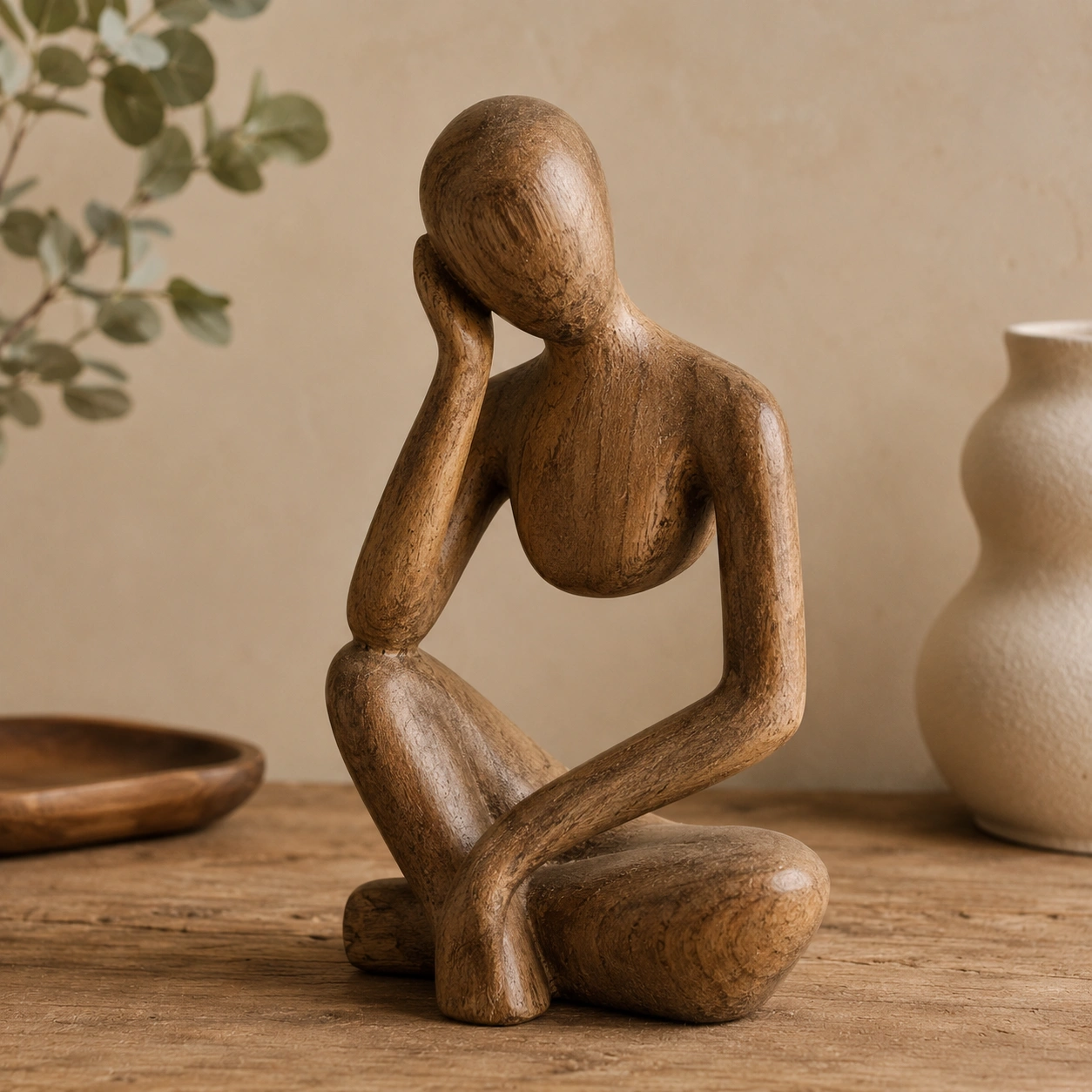 Figura Decorativa Pensativa de Madera
