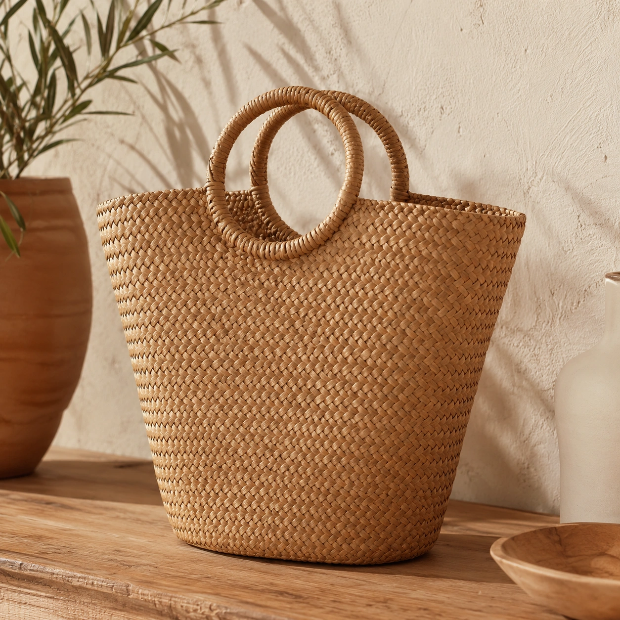 Cesta Decorativa Trenzada Con Asas Color Beige Natural
