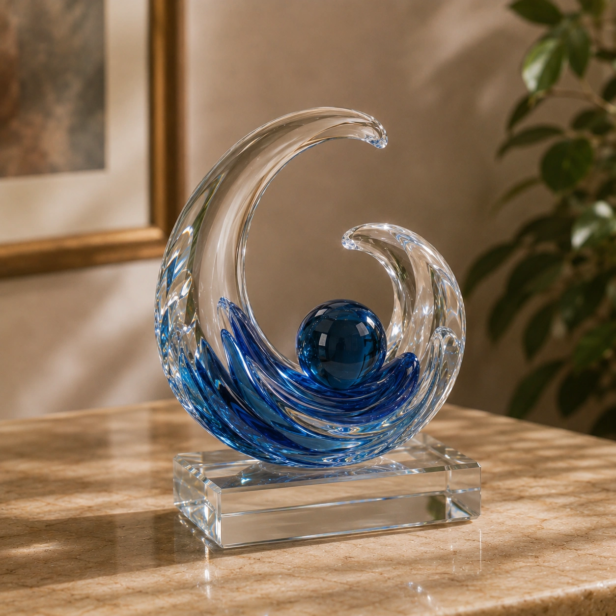 Escultura Cristal Olas Decorativas Color Azul Transparente