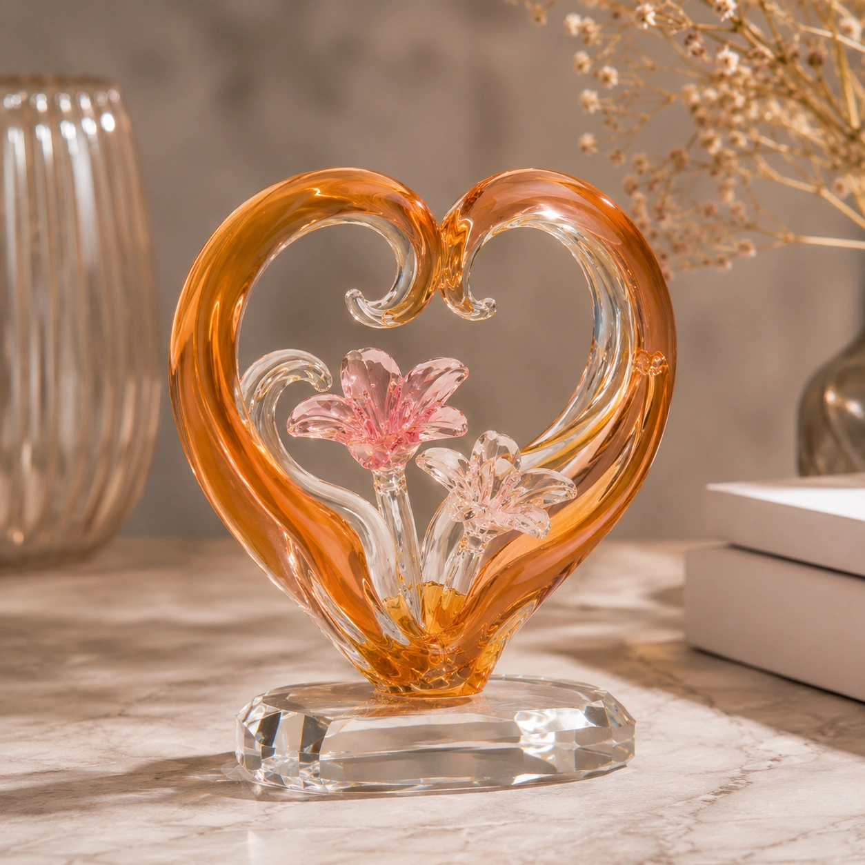 Figura Cristal Corazon Floral Color Naranja Transparente