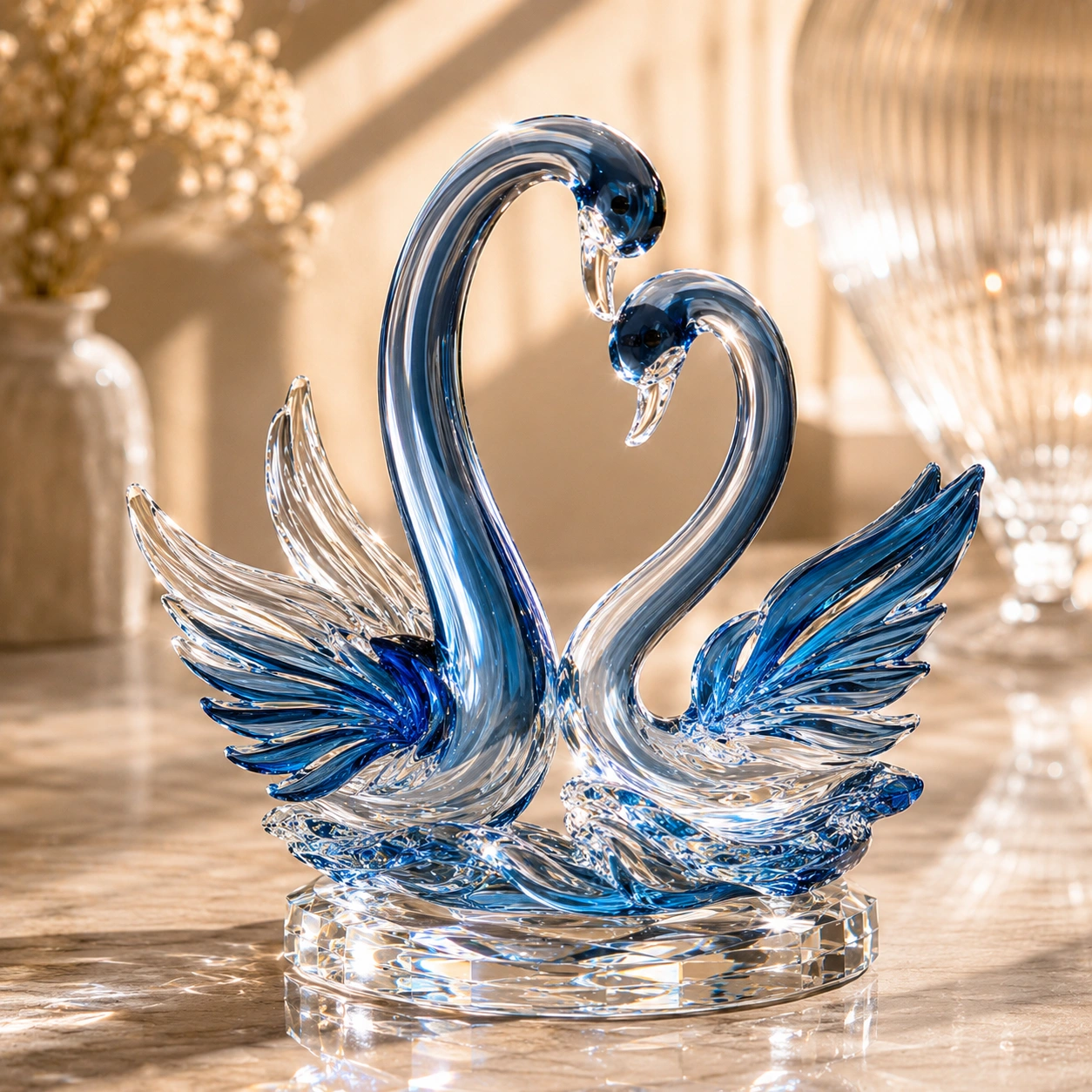 Escultura Cisnes De Cristal Azul Color Azul Transparente