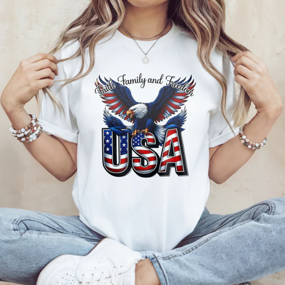 Faith, Family & Freedom America 250 Years Patriotic Bright Shirt