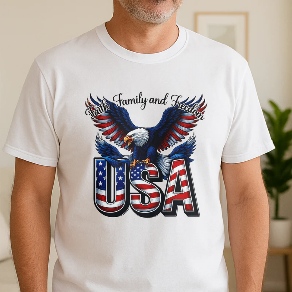 Faith, Family & Freedom America 250 Years Patriotic Bright Shirt