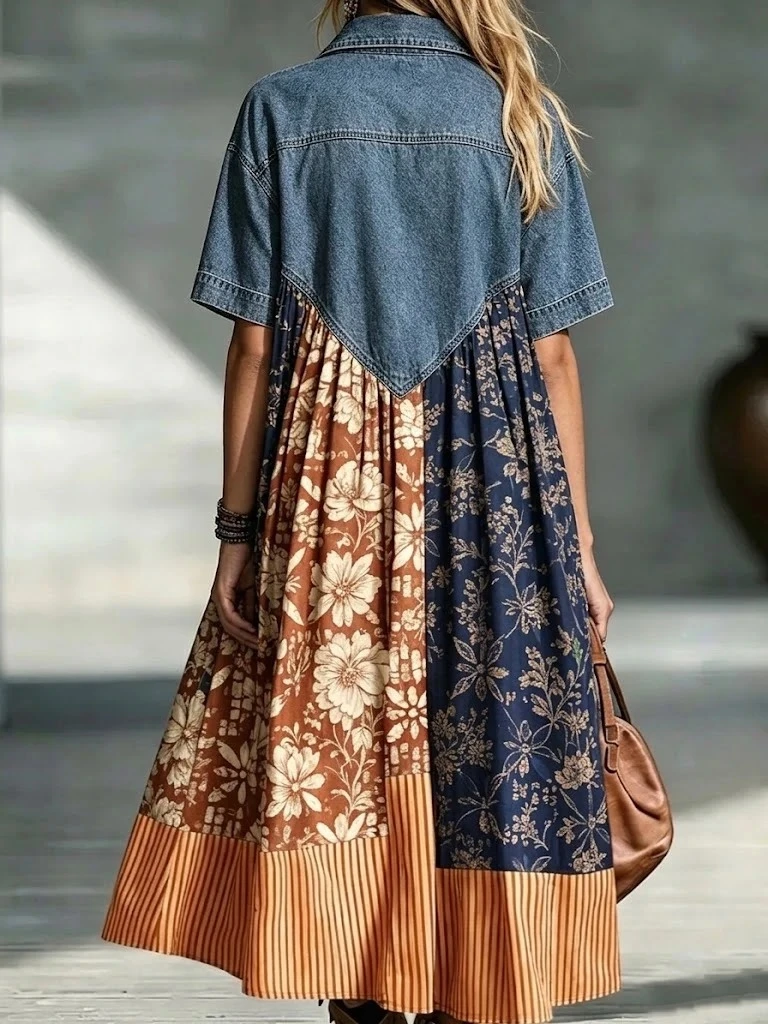 Denim Spliced Print Shirt Maxi Dress