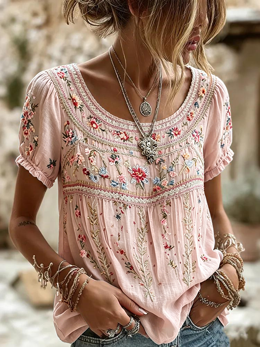 Women's Retro Floral Pattern Casual T-shirt