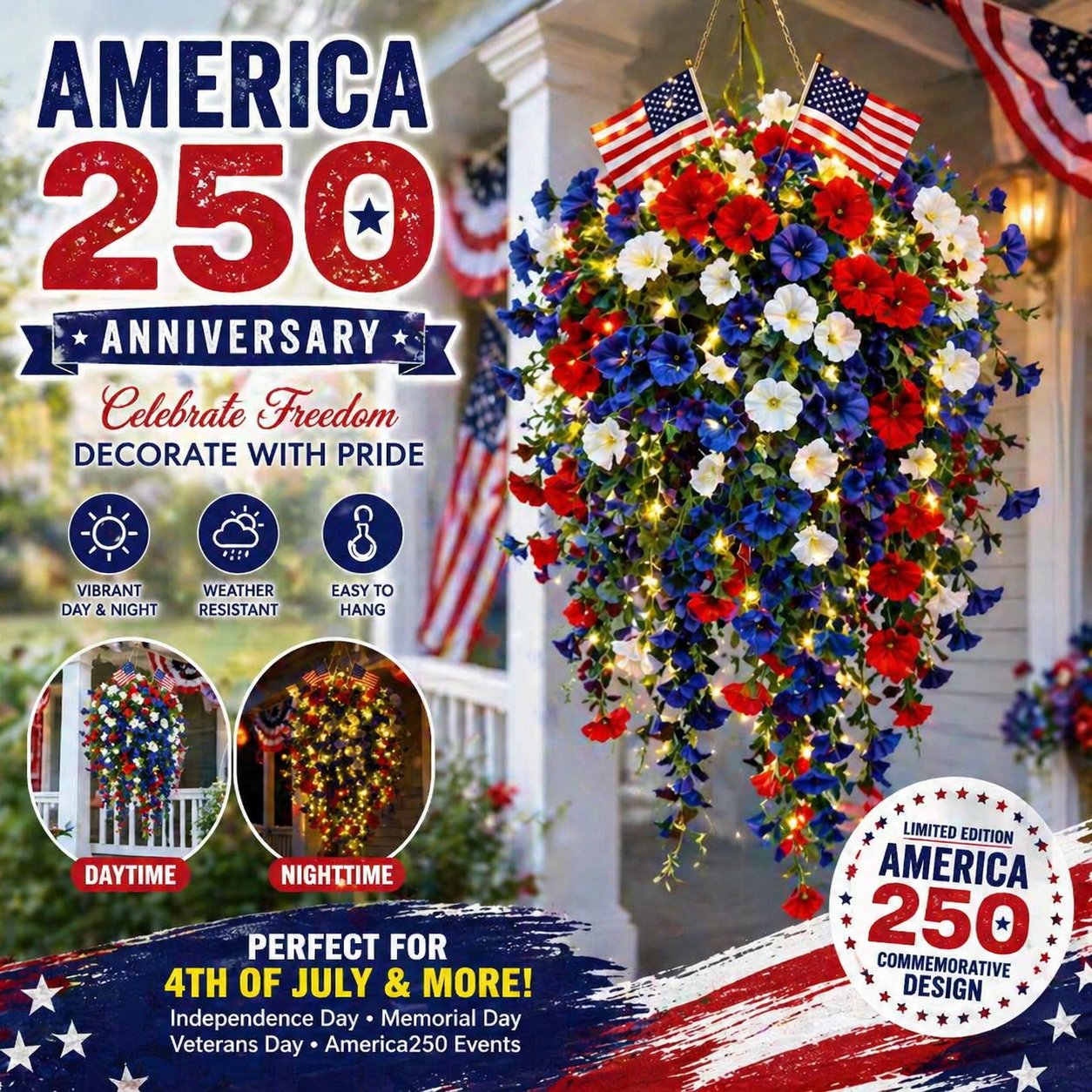 ✨🇺🇸 Celebrate America’s 250th Anniversary with Patriotic Hanging Flower Baskets