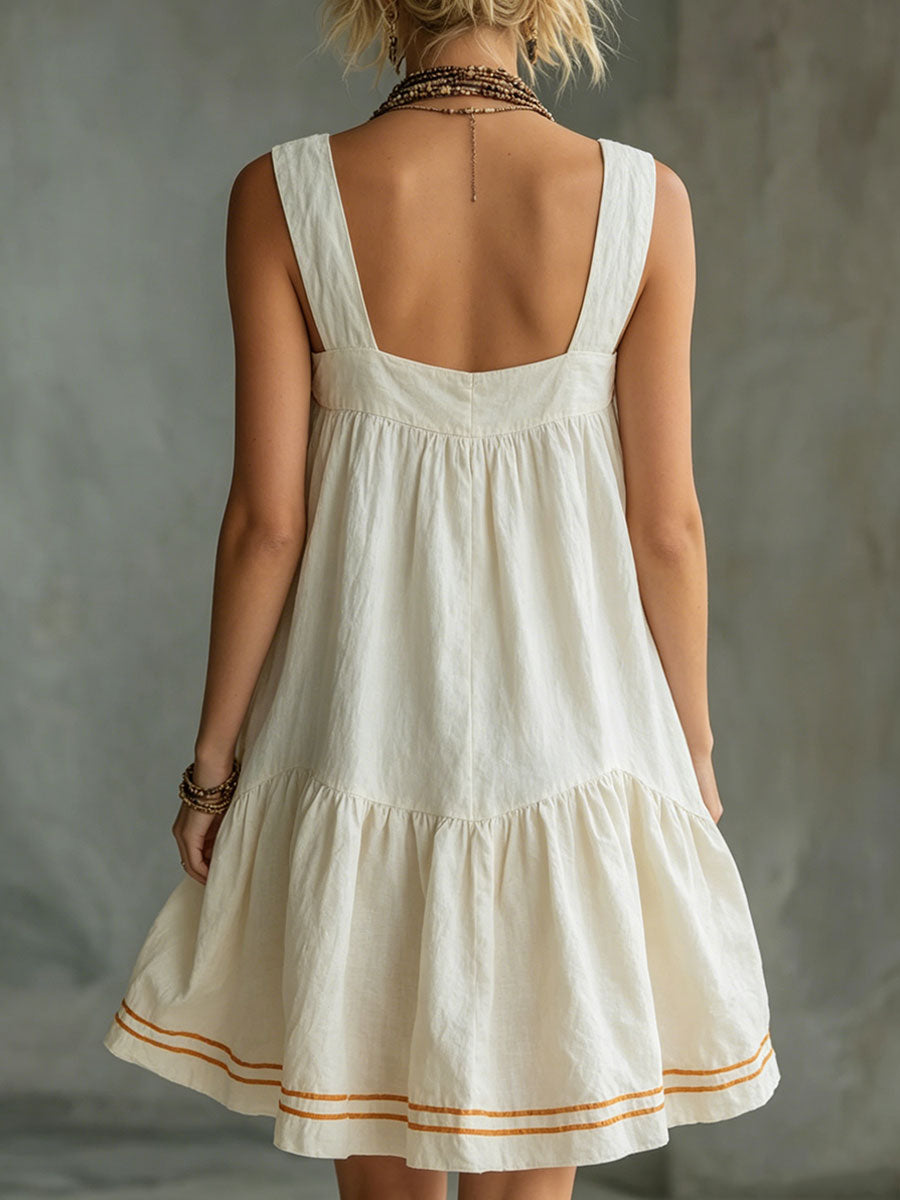 Women's Retro-casual Embossed Off-white Cotton-linen Mini Skirt