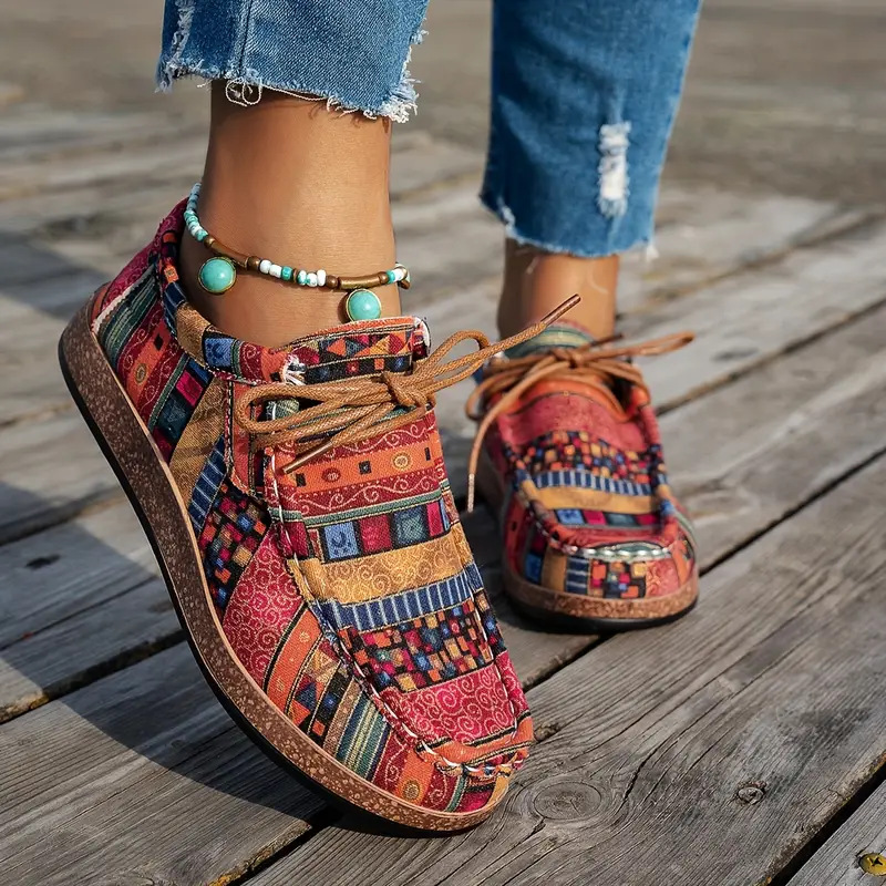 Women's Ethnic-Style Lace-Up Canvas Orthopedic Flats with Colorful Graffiti Print