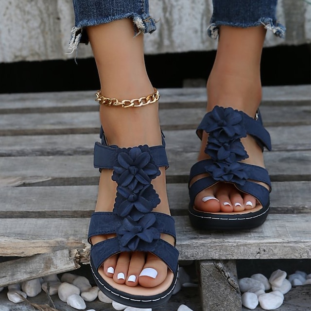 Women's Navy Blue Floral Sandals - Stylish Flat Shoes with Flower Accents for Casual Summer Wear