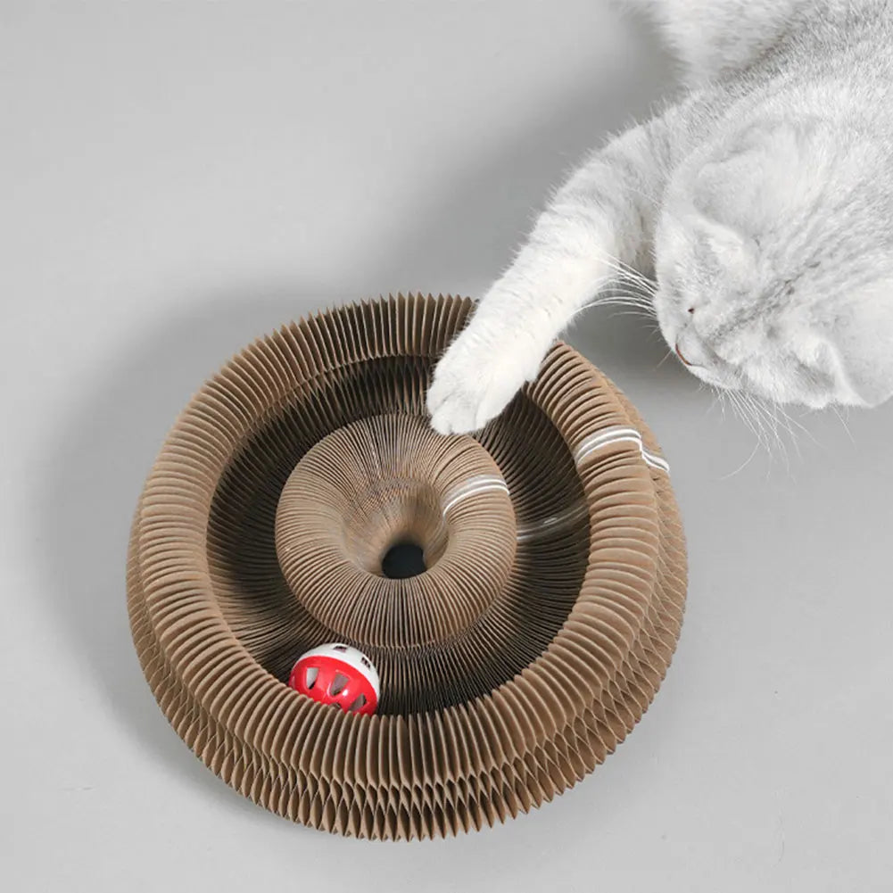 expandable cat scratcher bed with interactive ball toy