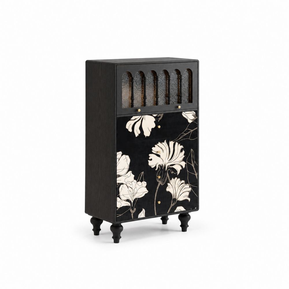 Credenza in Legno con Motivo Floreale e Vetro