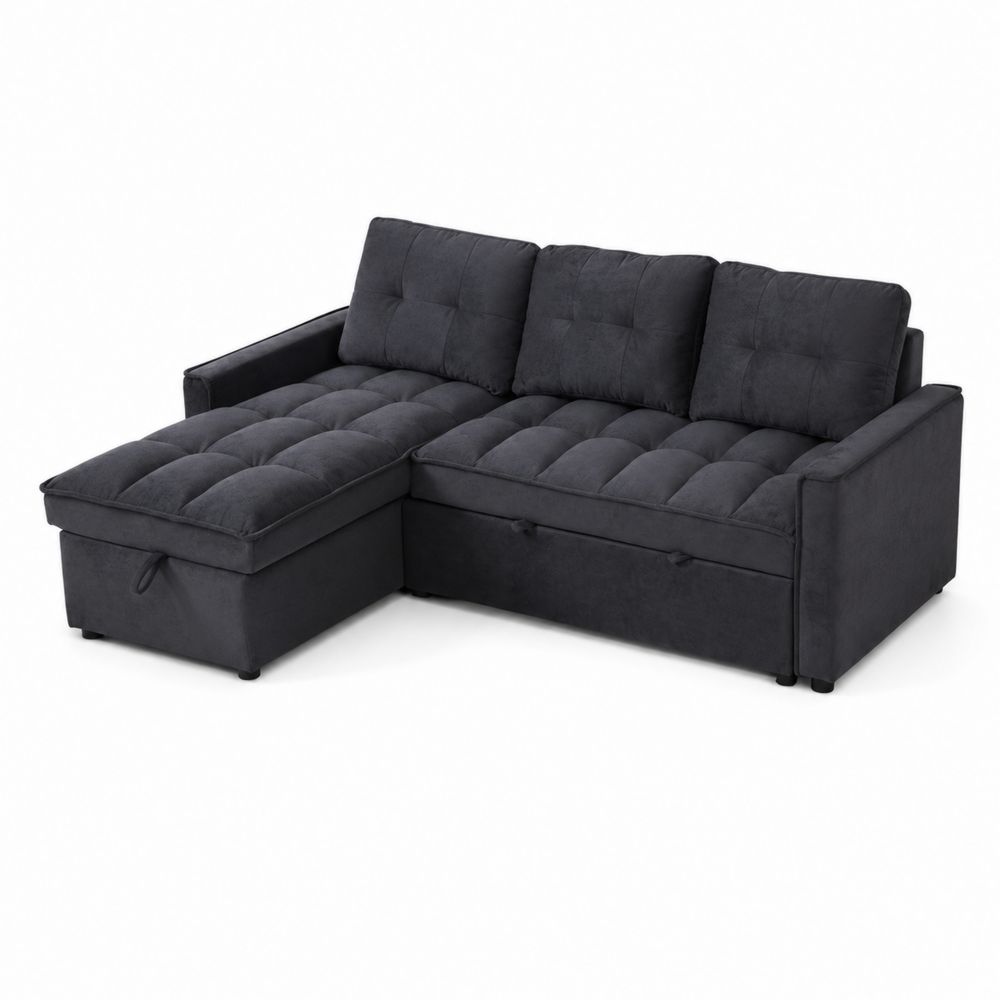 Divano angolare in tessuto nero con chaise longue