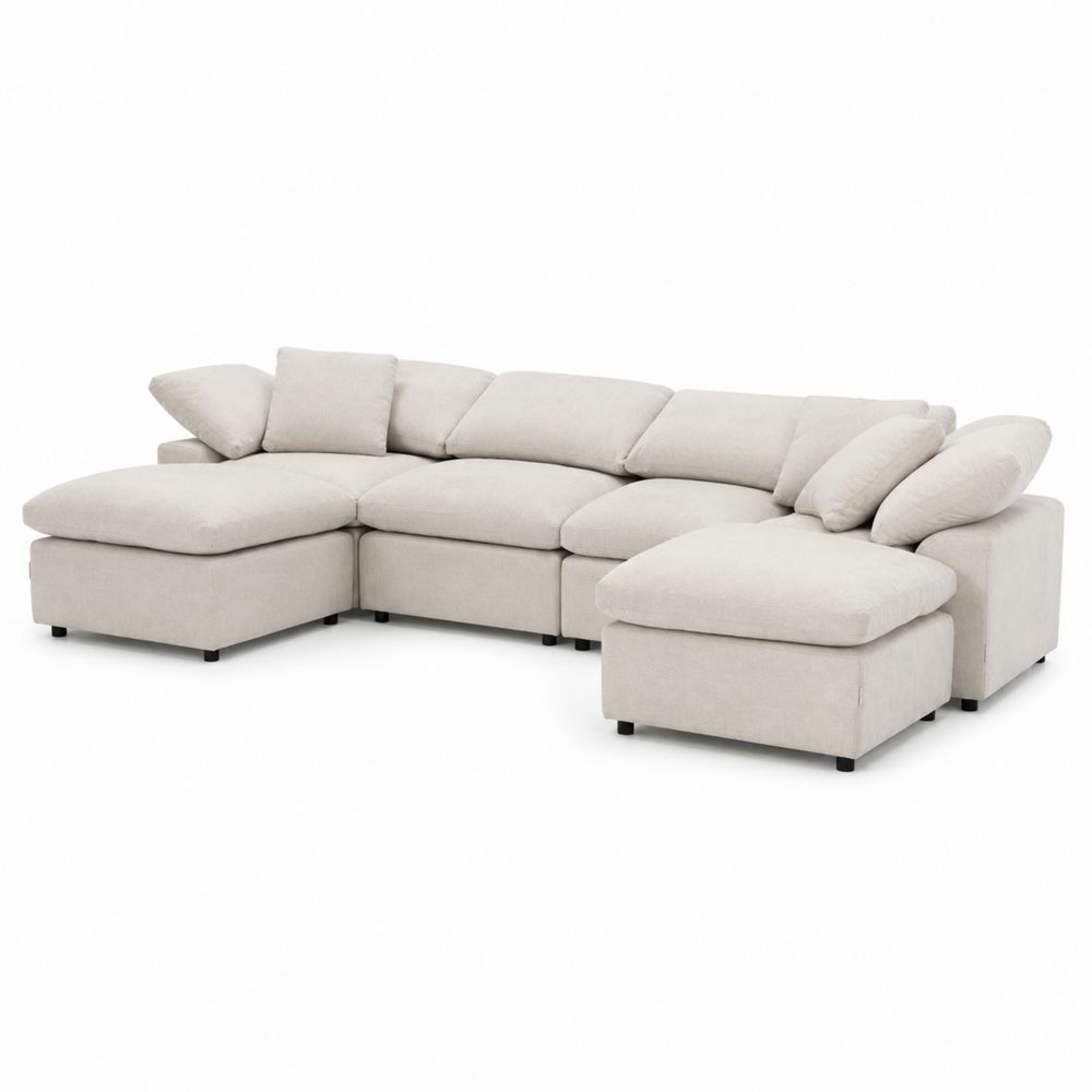 Divano Angolare Modulare in Tessuto Beige 6 Posti