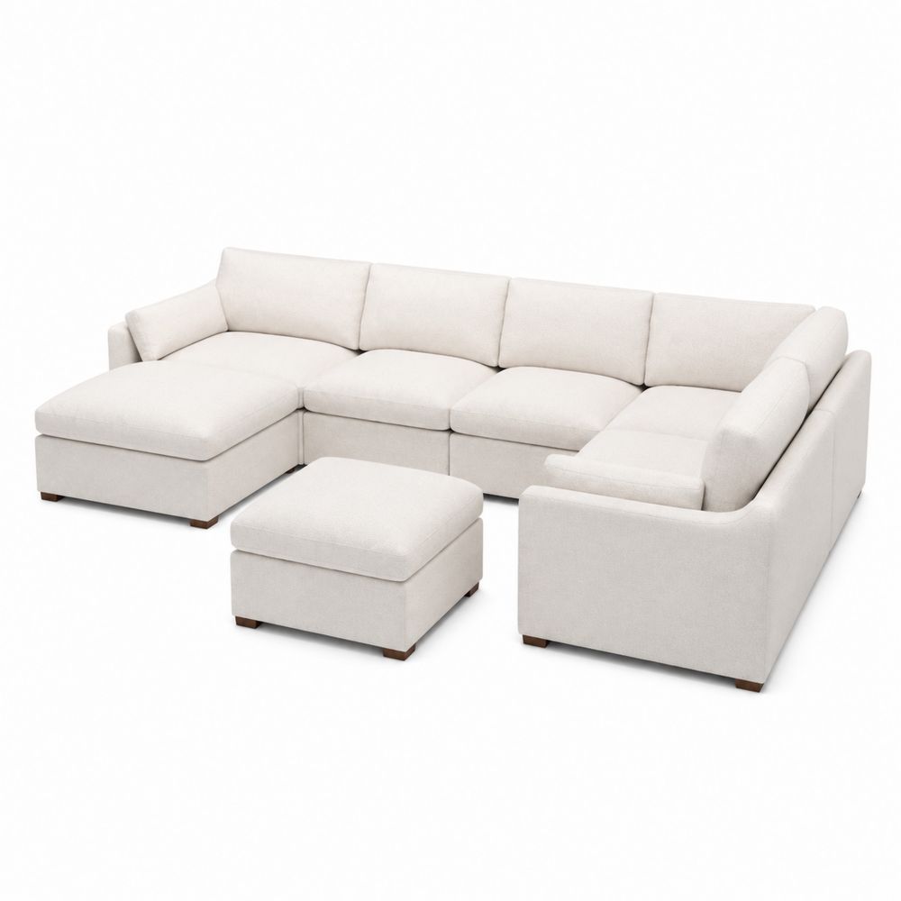 Divano modulare ad angolo in tessuto Beige con poggiapiedi