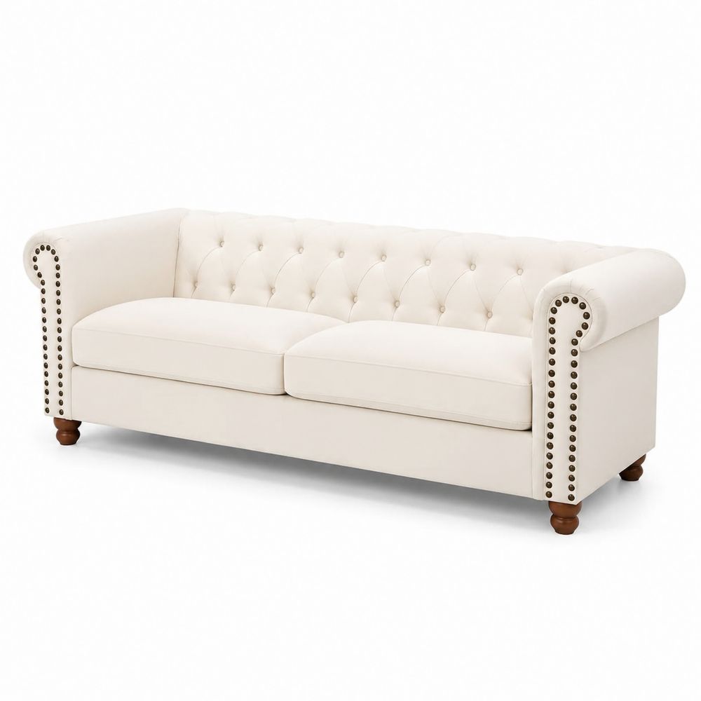 Divano 3 Posti in Pelle Sintetica Beige con Braccioli Arrotolati
