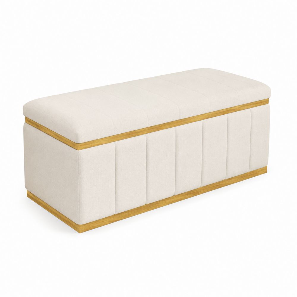 Panca Contenitore in Tessuto Beige con Bordo in Legno Chiaro