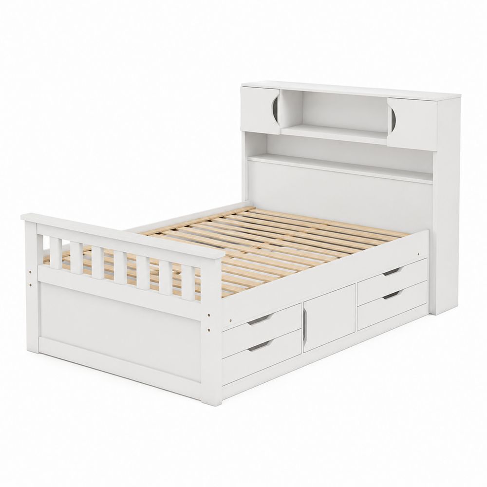 Letto Piattaforma Legno Bianco con Cassetti e Scaffali