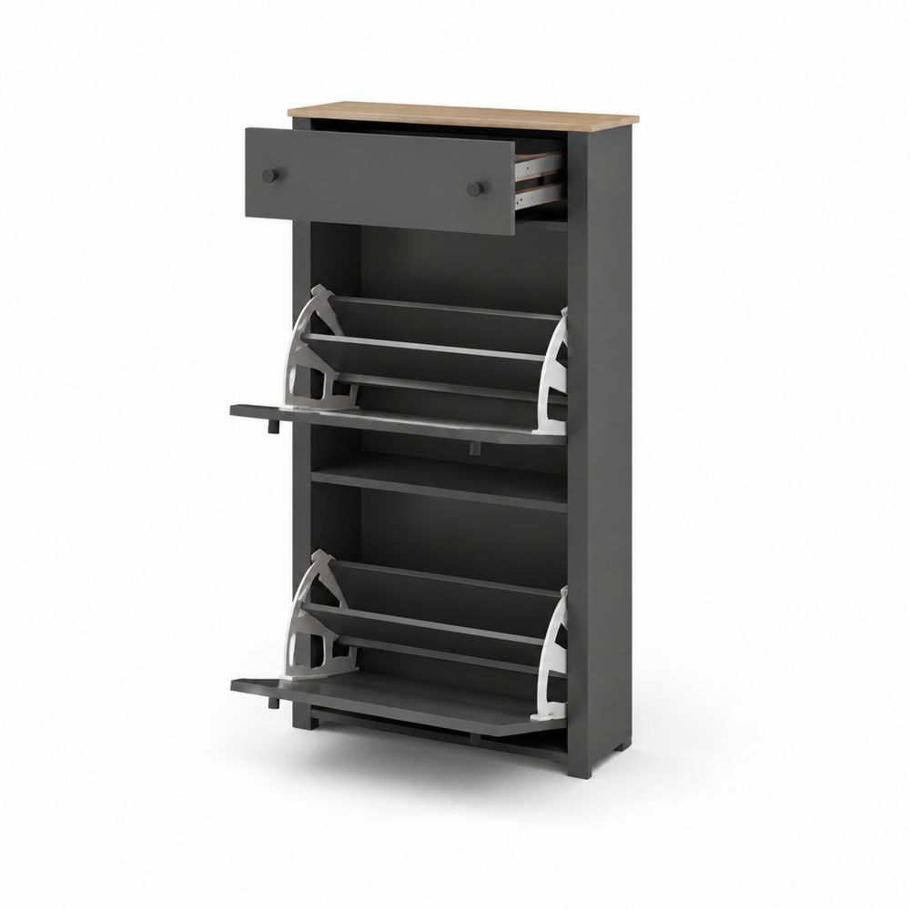 Scarpiera in legno e metallo grigio con cassetto