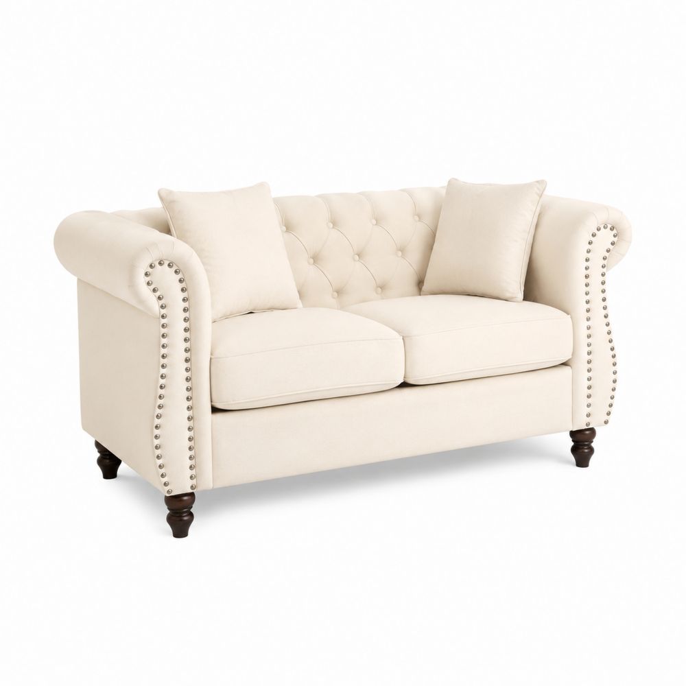 Divano Loveseat in tessuto Beige con Dettagli in Legno