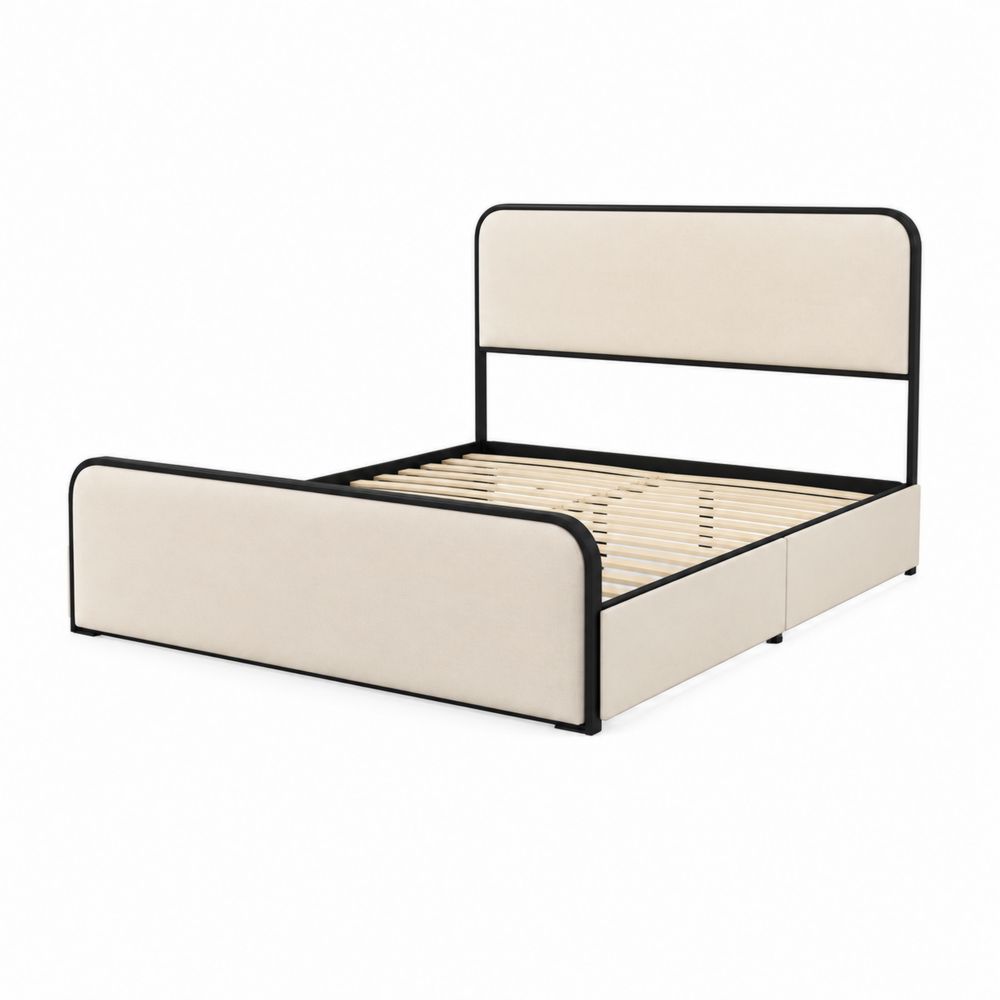 Letto matrimoniale in metallo e tessuto beige con contenitore 200x160 cm
