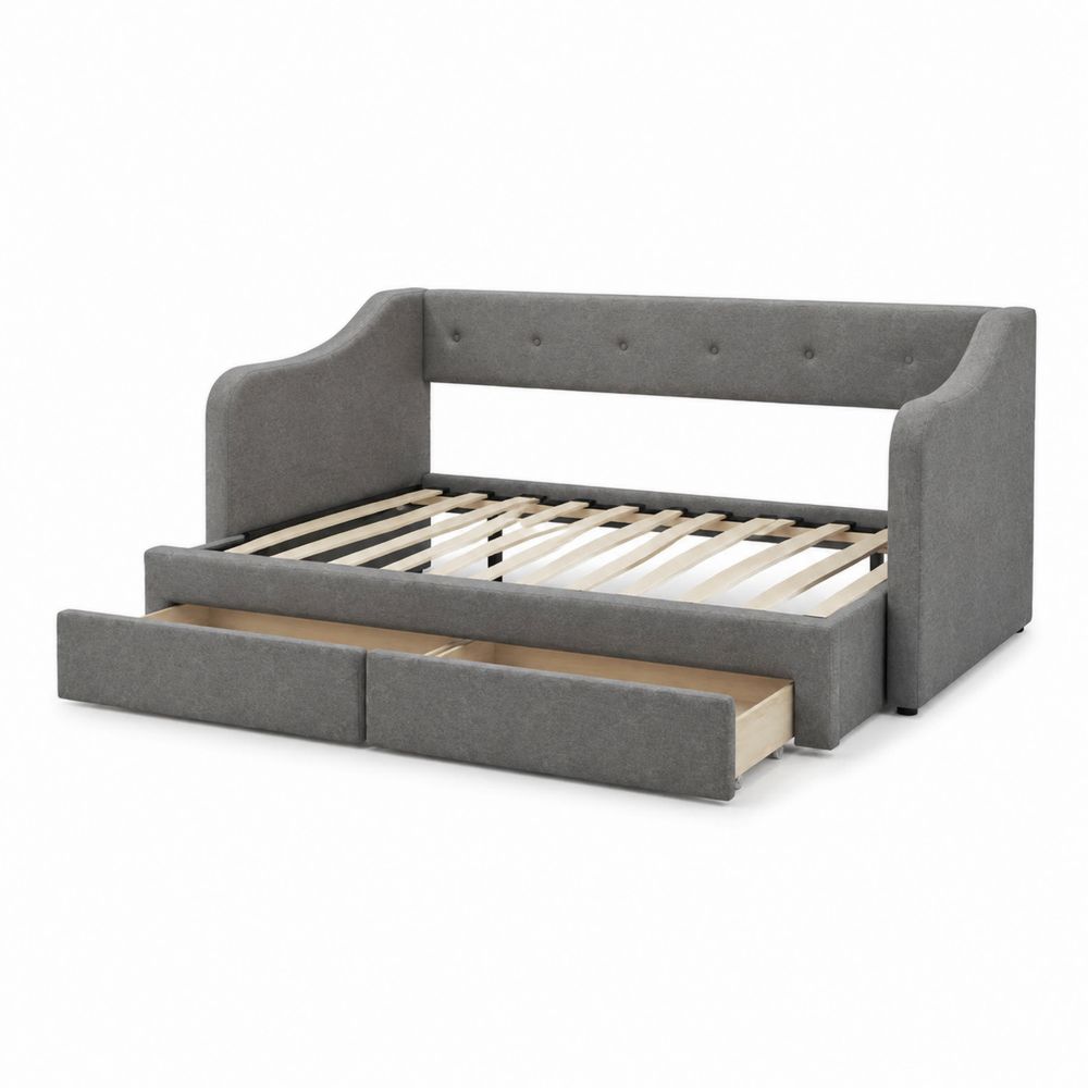 Daybed in legno con cassetti e tessuto grigio