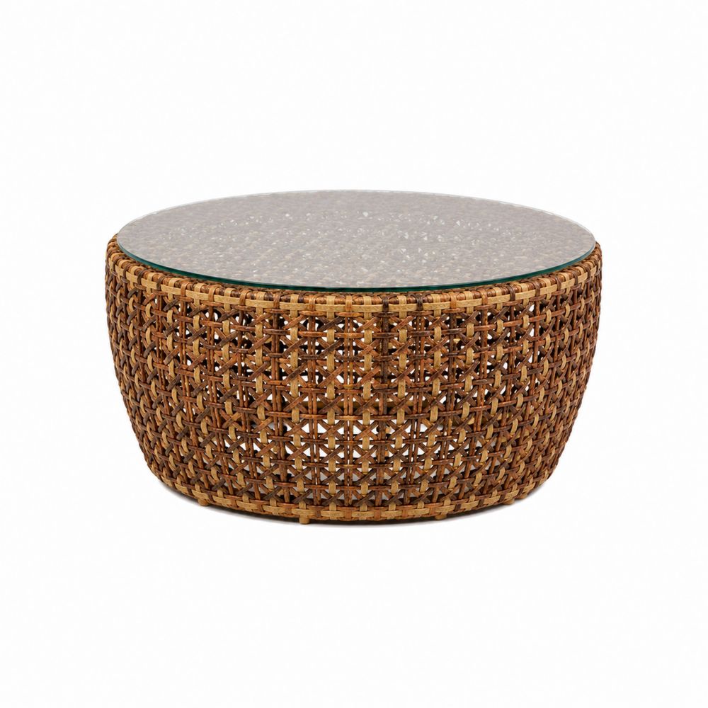 Tavolino Rotondo in Rattan e Vetro