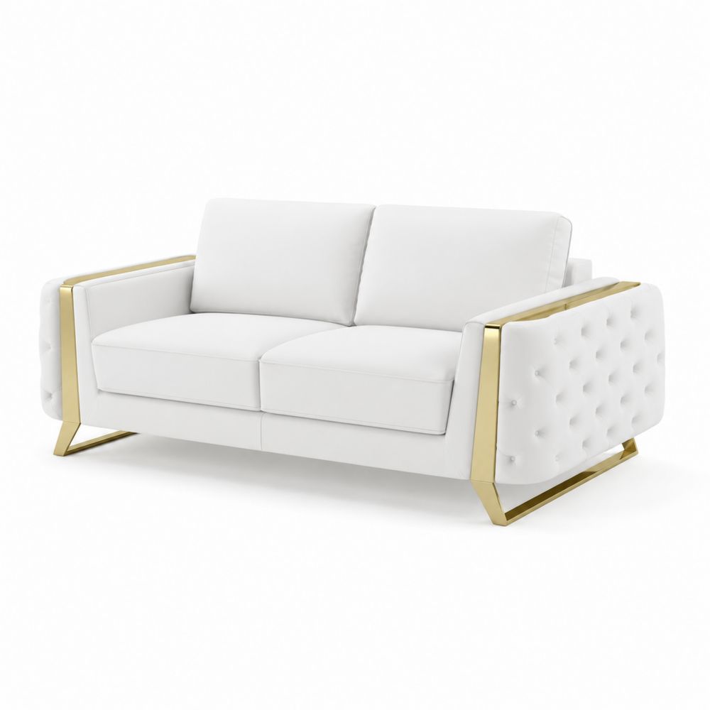 Divano loveseat in ecopelle bianca e acciaio dorato