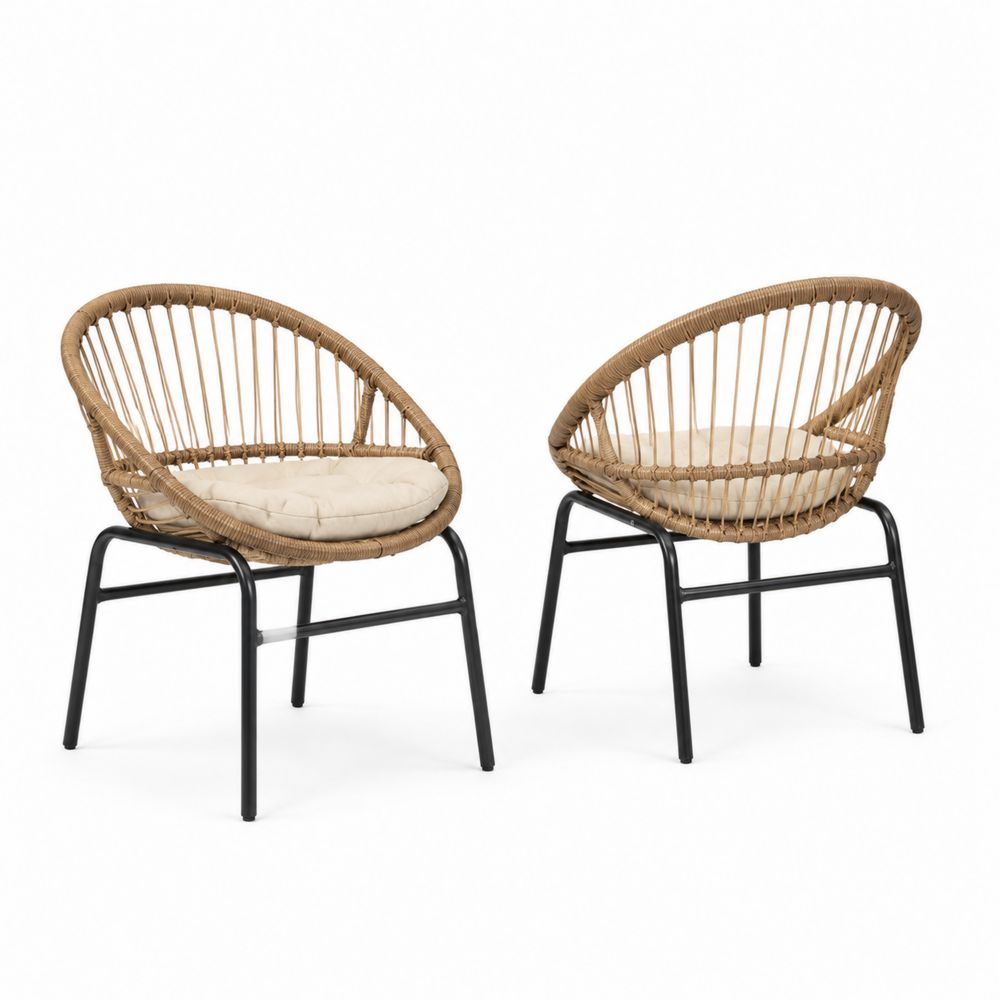 Set di Sedie in Rattan Sintetico e Metallo Nero con Cuscini Beige