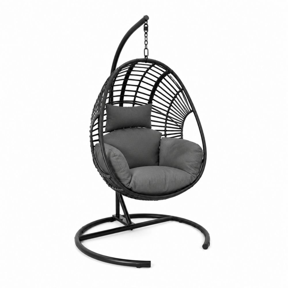 Sedia Sospesa in Metallo e Rattan con Cuscini Grigi
