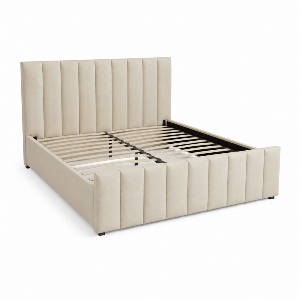 Letto matrimoniale con testiera imbottita in tessuto beige