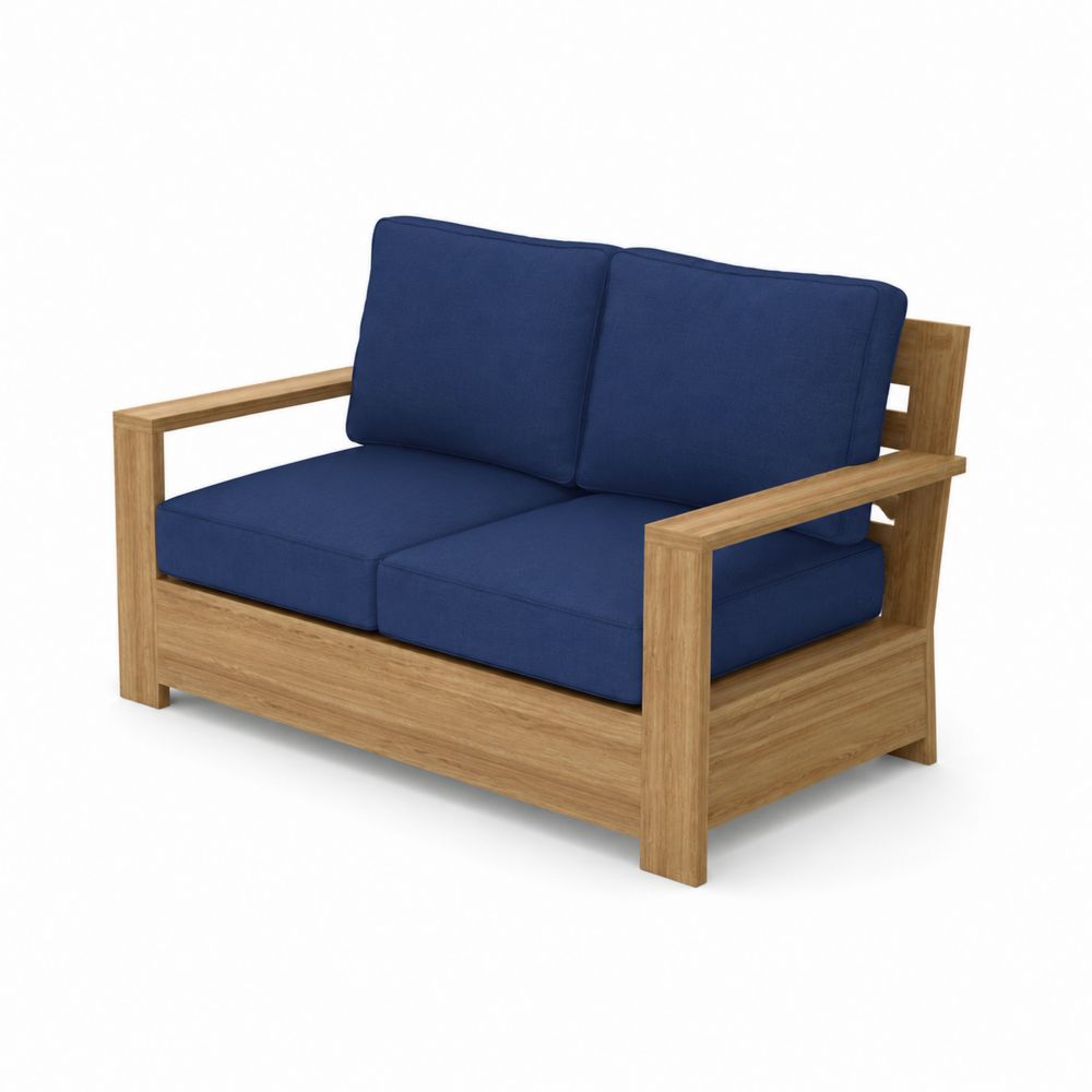 Divano da giardino in legno teak con cuscini blu