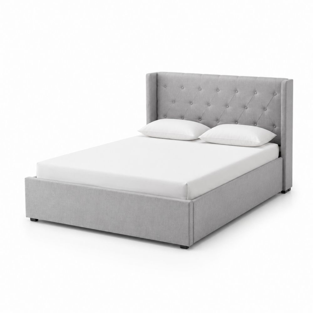 Letto matrimoniale con contenitore e testiera imbottita in tessuto grigio chiaro 200x160 cm
