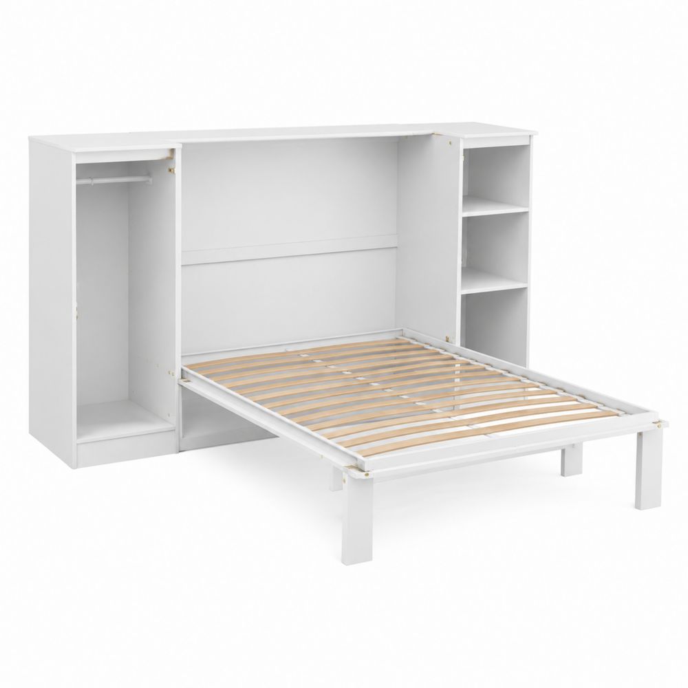 Letto matrimoniale con armadio e mensole in legno bianco