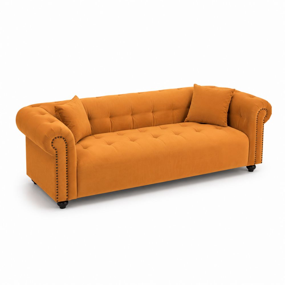 Divano in Velluto Arancione con Cuscini Inclusi
