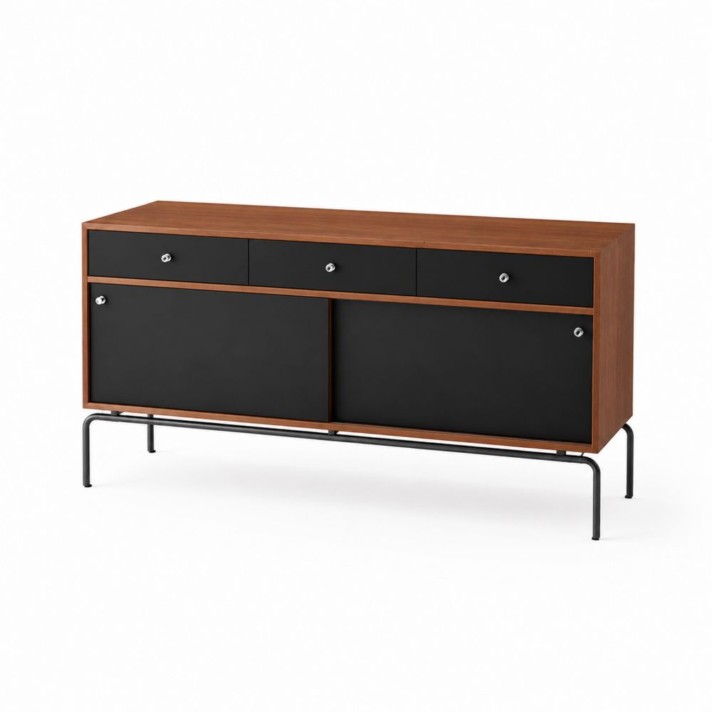 Credenza in legno di noce e MDF con ante scorrevoli nere