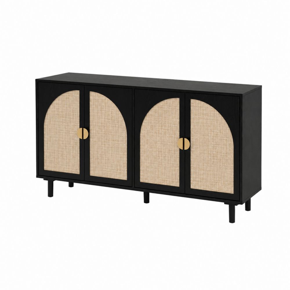 Credenza in Legno Massello e Rattan Intrecciato 4 Ante 120x40x75 cm
