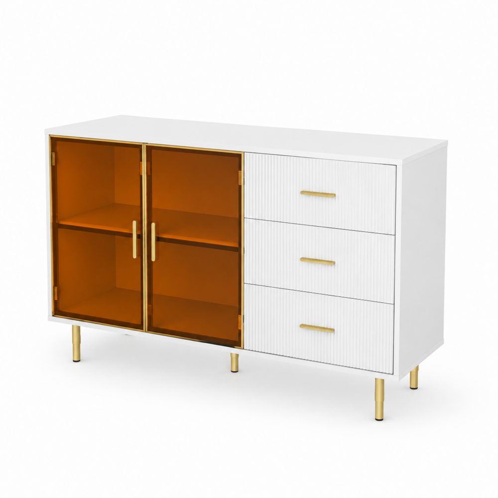 Credenza in MDF con Porte in Vetro Arancione Temperato e Cassetti