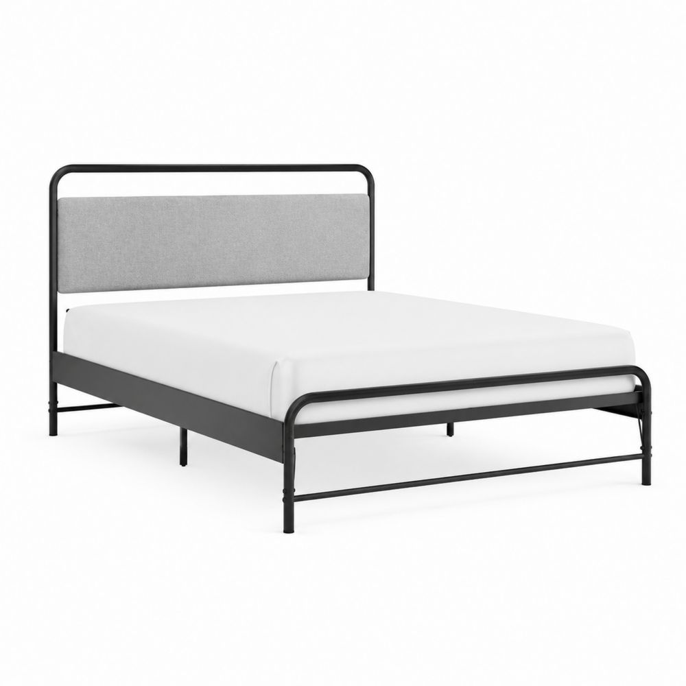 Letto matrimoniale in metallo con testiera imbottita in tessuto grigio