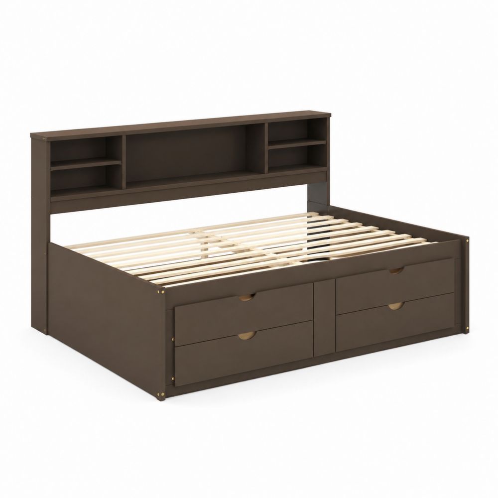 Letto Daybed in Legno con Cassetti e Scaffale Integrato, Marrone, 200x100x90 cm