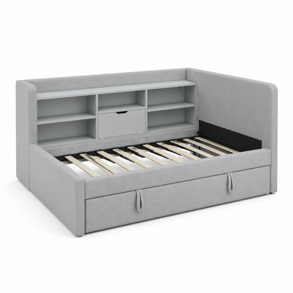 Divano letto in tessuto grigio con libreria e cassetto