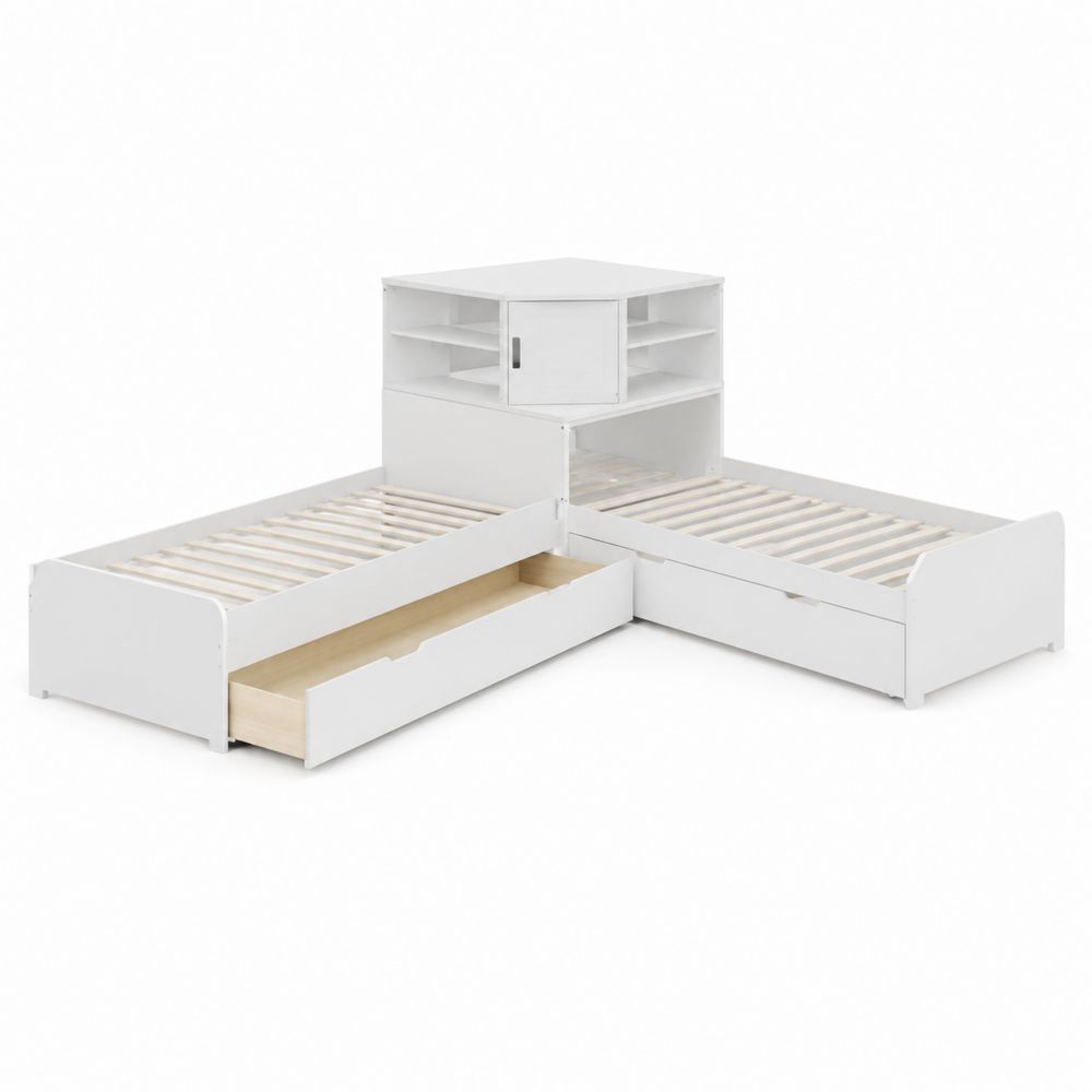 Letto angolare in legno con cassetti bianco